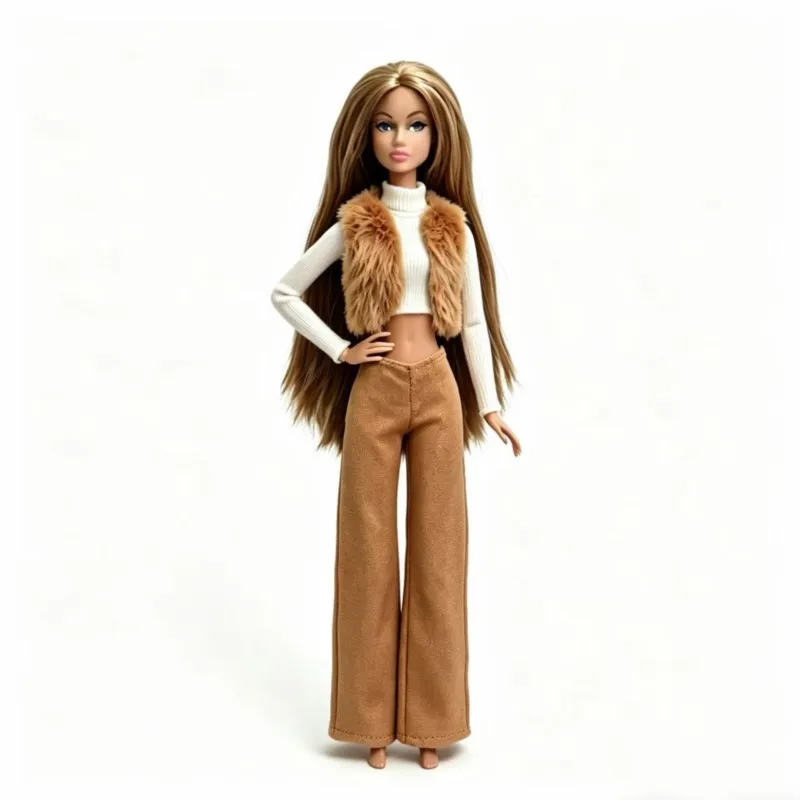 29cm Doll Clothing Retro Versatile High Quality Long-sleeve Base Layer Wide-leg Pant Fleece Vest Spring Set For 1/6 Doll Toys