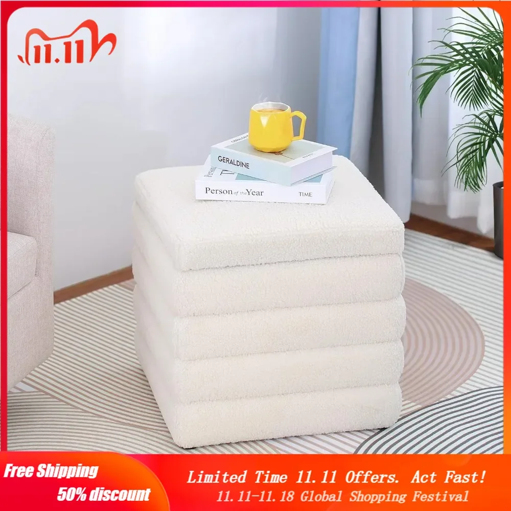 

Square Ottoman White Small Storage Ottoman Cube Ottoman for Living Room Sherpa Foot Stool Boucle Vanity Stool with Storage