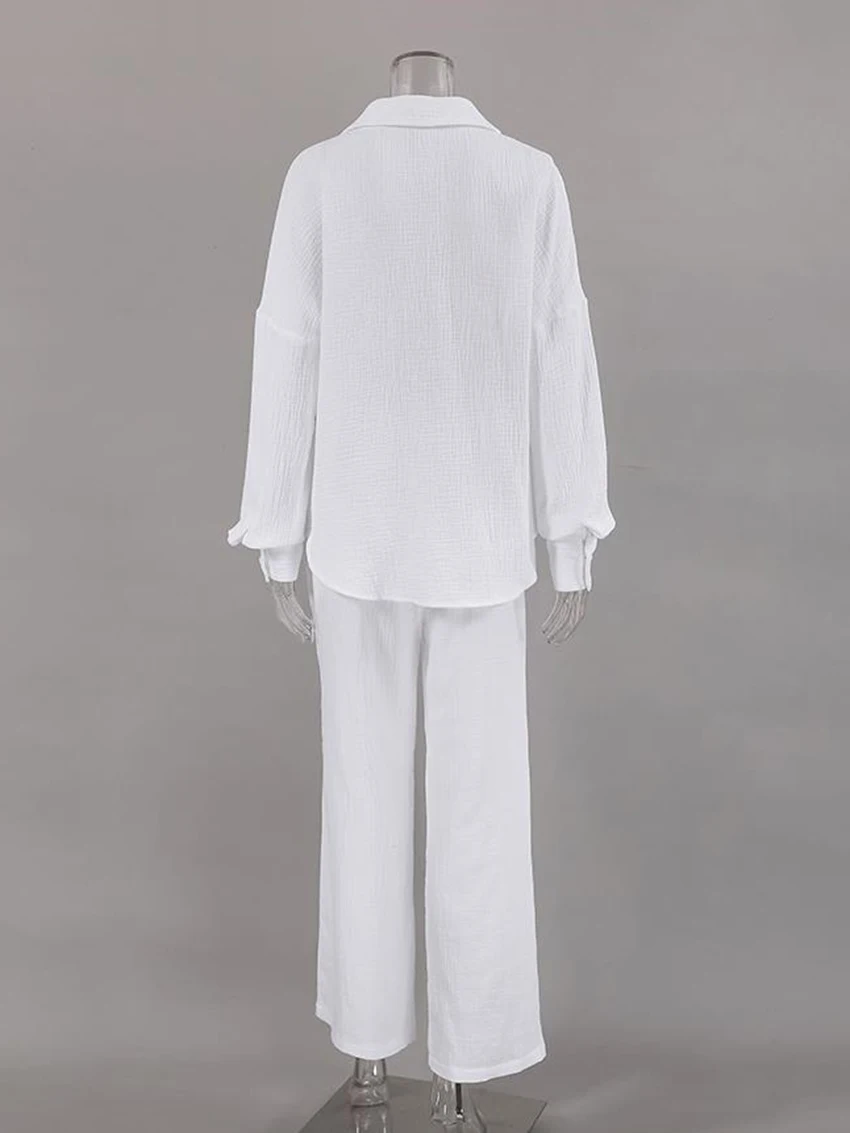 Marthaqiqi Cotton Ladies Sleepwear Set Long Sleeve Nightgowns Turn-Down Collar Pajamas Pants Casual Female Nightie 2 Piece Suits