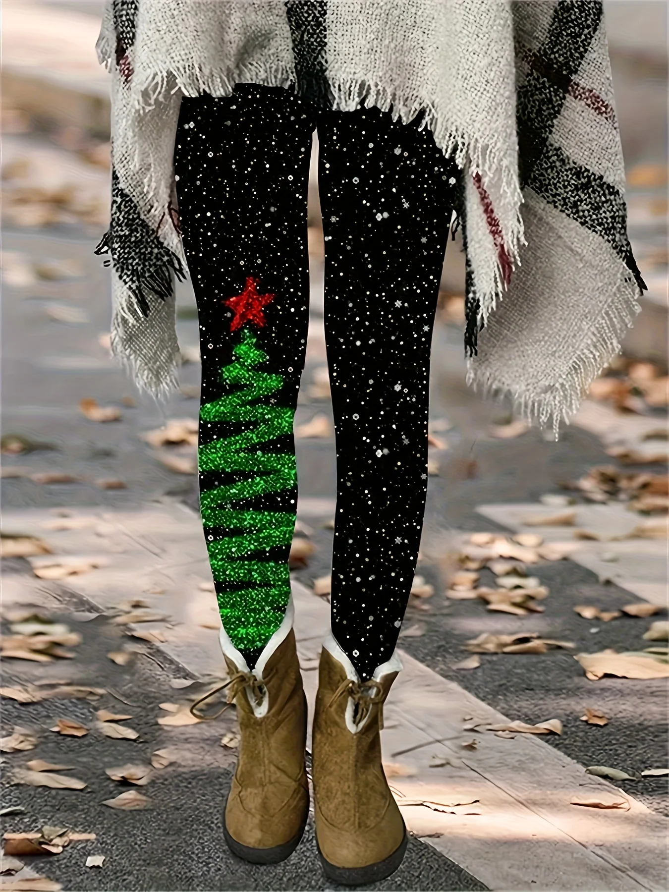 Women Mid‑Rise Fleece Lined Leggings Christmas Tree Star Print Soft Stretch Warm Ladies Holiday Casual Pants