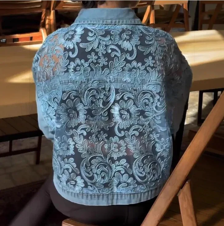 Trendy Lace Cut-out Patchwork Denim Jacket, Casual Loose Collar Button Denim, Fashionable Long Sleeved Y2K Street Women's Jacket