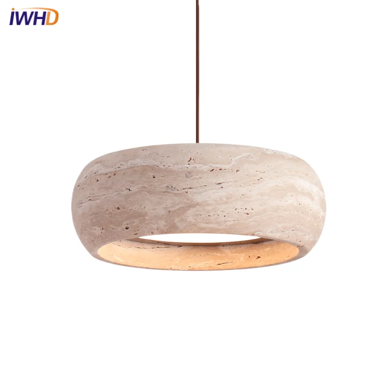 

IWHD Round Lampshade LED Pendant Lamp Cafe Study Living Room Yellow Travertine Industrial Vintage Hanging Lights Luminaire