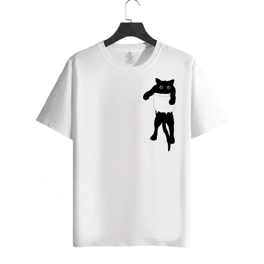 Fashion Mens T-shirt Hang loose black cat pocket art print Short-sleeve Man oversized t-shirt 4Colors clothing plus size Tops