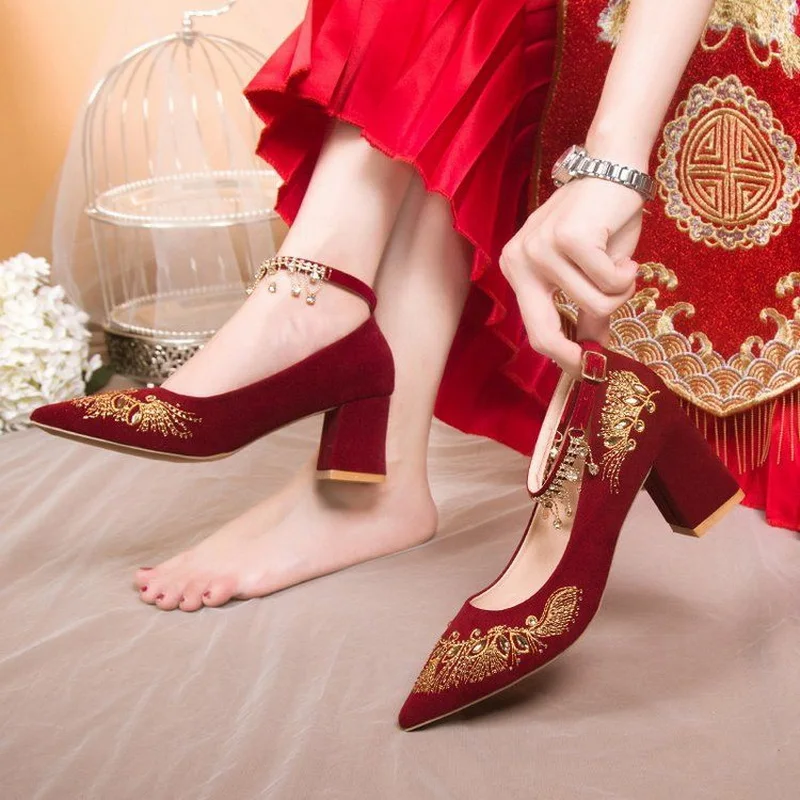 FHC Embroidery Flower Bride Wedding Shoes,Fashion Women Pumps,Rhinestone Ankle Strape High Heels,Pointed Toe,Wine-red,Dropship