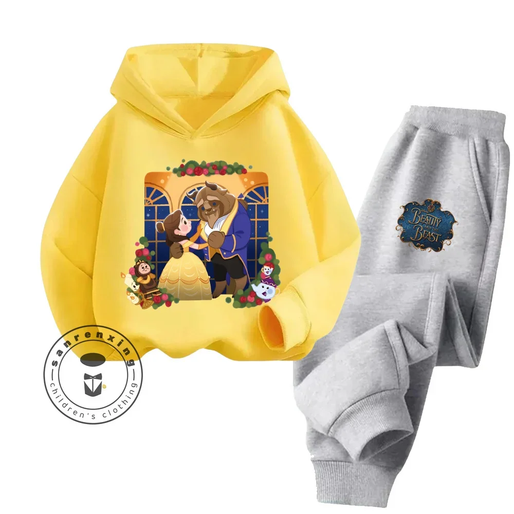 Kawaii Beauty and the Beast Cartoon Street Fashion Sets Elastic Long Sleeve Clothing for Boy Girl Autumn Winter Kids Hoodie Sets