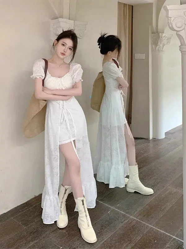 バレエスタイルスクエアカラーネクタイ白ドレス女性夏バブルスリーブ長袖半袖高級感ドレスaラインスカート