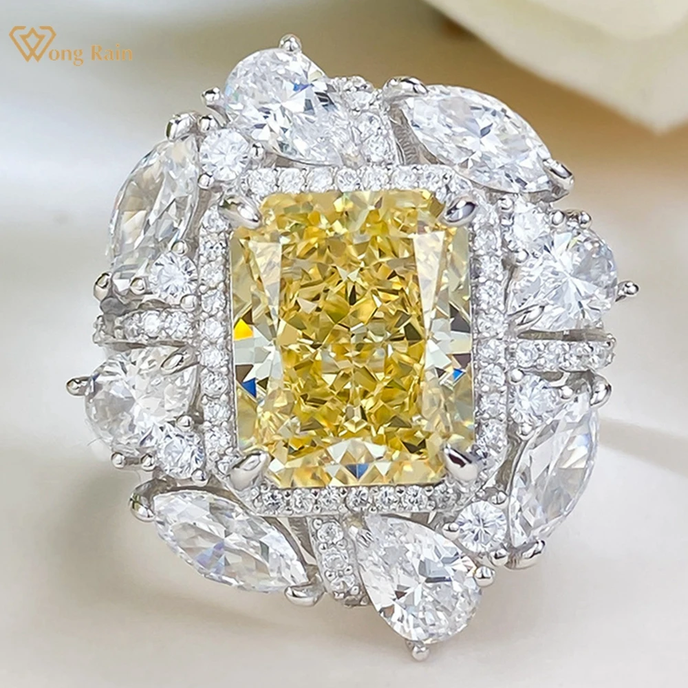 Vinregem 4CT 9*11 MM Crushed Ice Cut Citrine High Carbon Diamond Gemstone 925 Sterling Silver Cocktail Ring for Women Jewelry