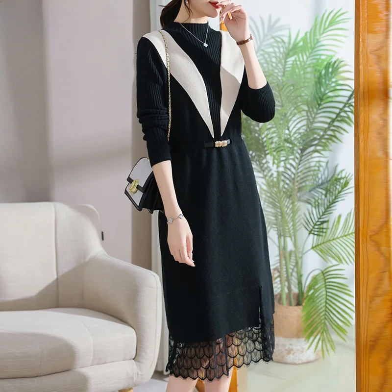 

Модное вязаное платье для женщин среднего возраста, весна-осень, базовый слой, миди-юбка, из полиэфирного волокна, с поясом, круглый вырез