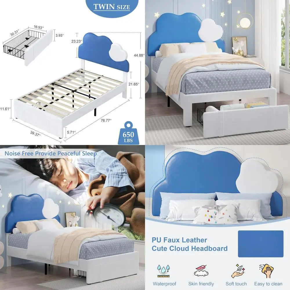 

Детская двуспальная кровать изголовья в форме облака с ящиком для хранения, деревянная опора для планок, синяя