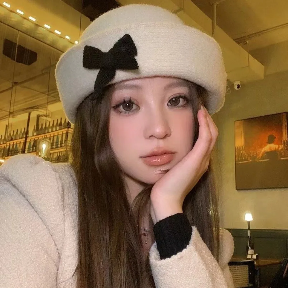 

Retro Solid Color Bow Bucket Cap Knit Korean Style Woolen Fishing Cap Roll Brims Y2k Women Bucket Hat Girls
