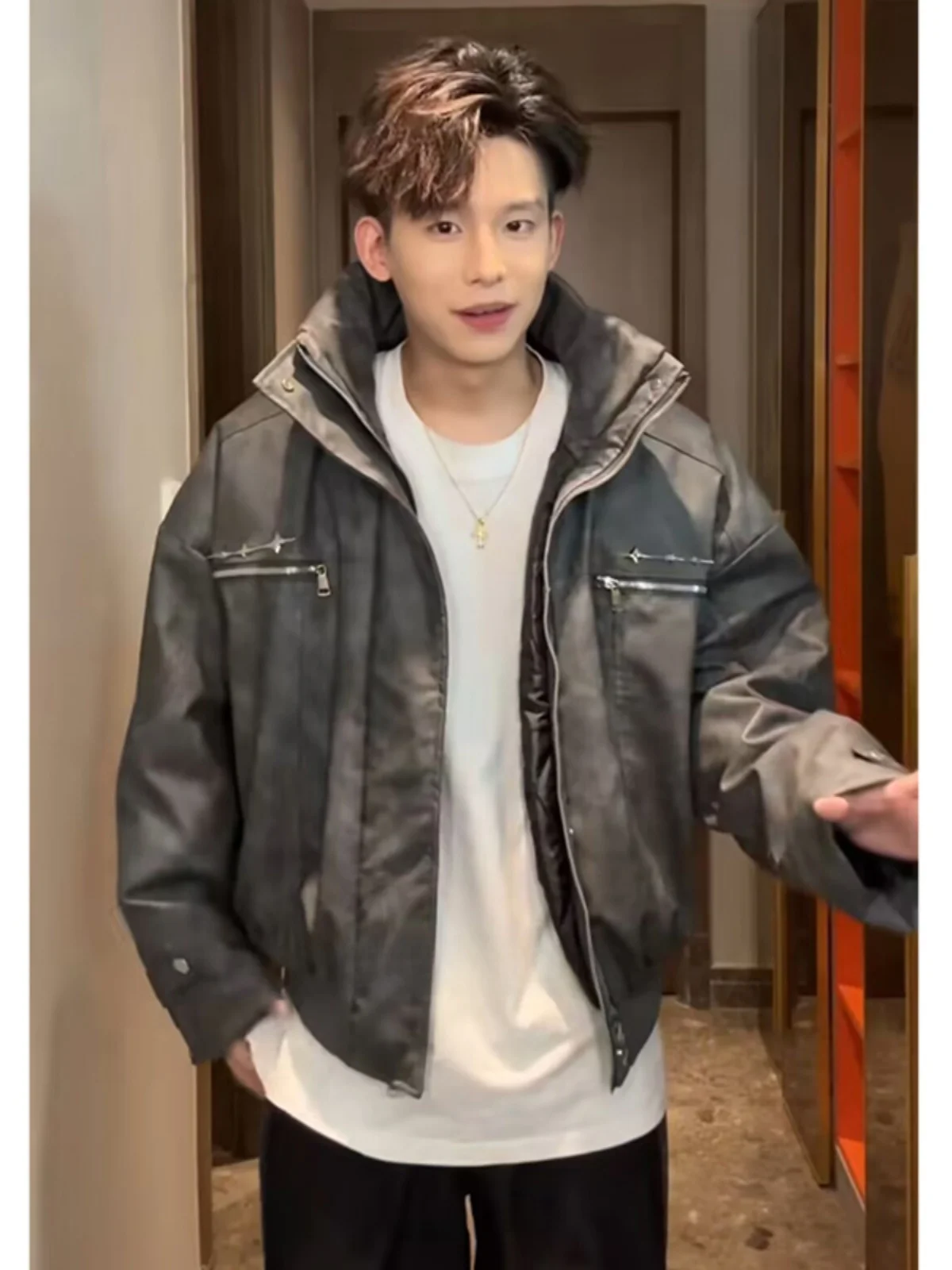 

Мужская зимняя куртка из искусственной кожи в американском ретро-стиле с воротником-стойкой, хлопковая, для работы, повседневная, свободного кроя, Cleanfit Design