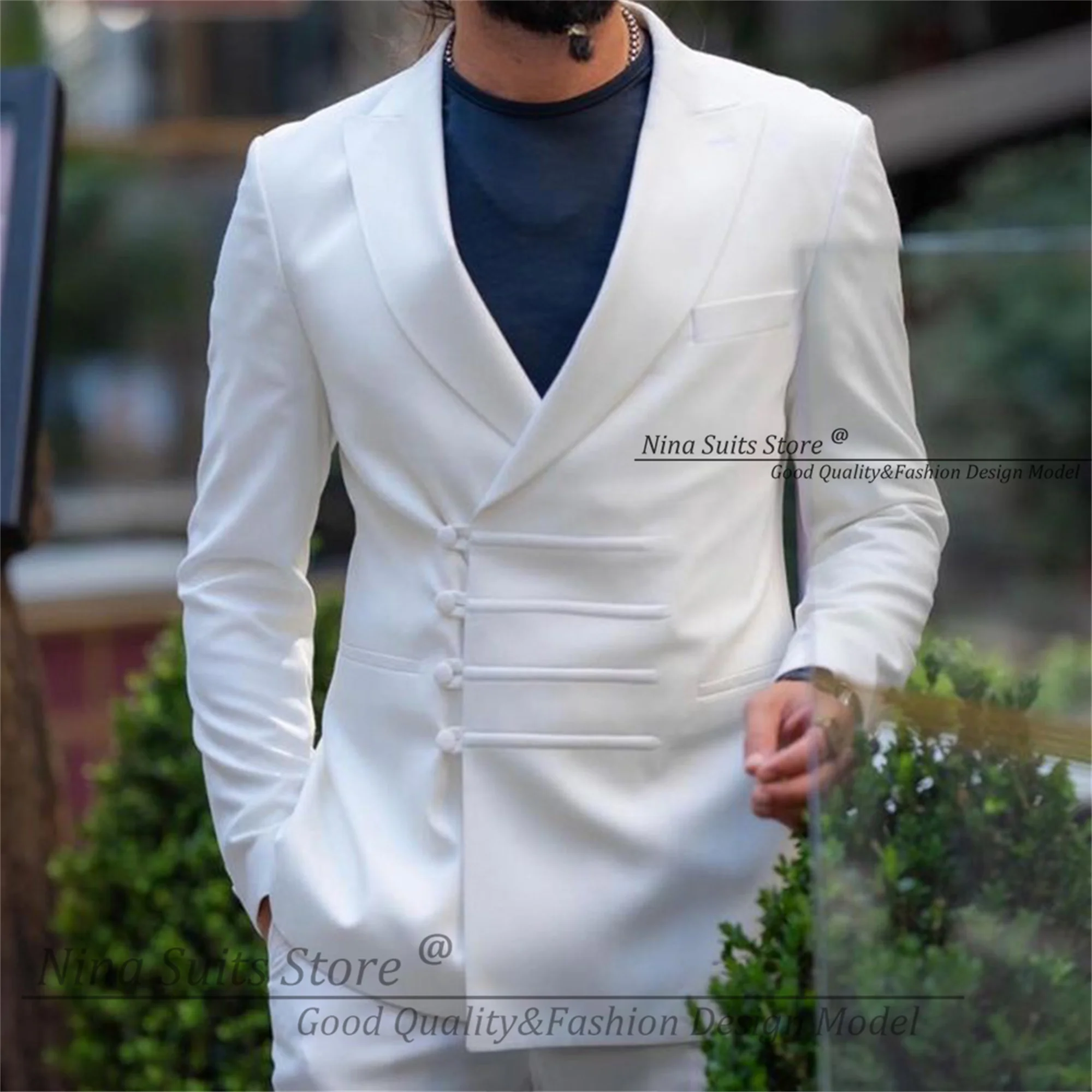 Nina Store 2025 Casual Suits White Insert Strip Design Peak Lapel Blazer Slim Pants set Custom Made 2 Piece Men's Party Costume