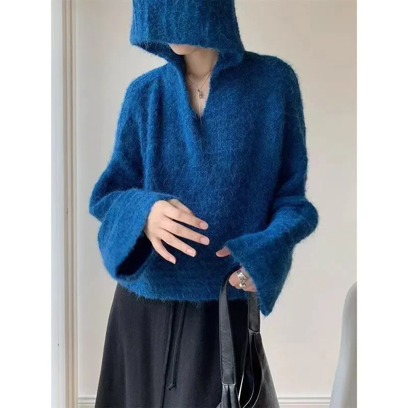 

Шикарный мягкий свободный свитшот с капюшоном во французском стиле, женский осенне-зимний пуловер, вязаный свитер, топ