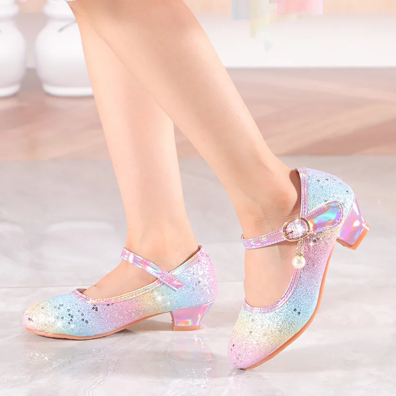 

Girls' High Heel Shoes Iridescent Princess Shoes Children's Single Shoes Little Girls' Performance Sequin Shiny Leather Shoes