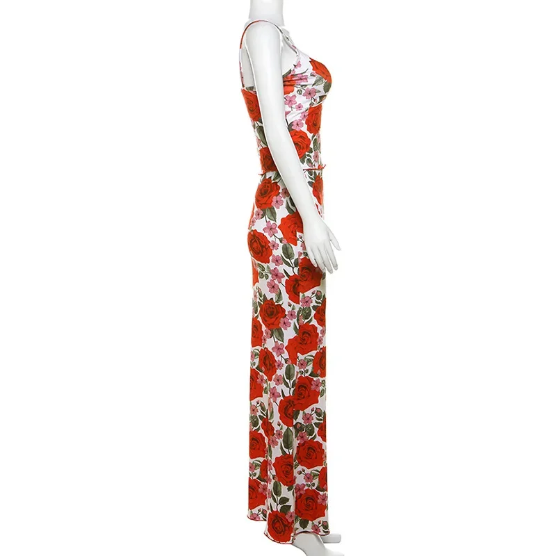 Summer Floral Print Maxi Dress Suits Women Backless Sleeveless V Neck Crop Top Camis Bodycon Long Skirt Two Piece Matching Sets