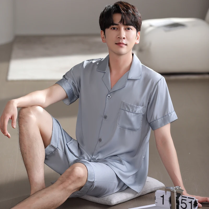 

New Summer Men Satin Pajamas Set Silk Sleepwear Short Sleeve Cardigan Male Nightwear Men's Clothing