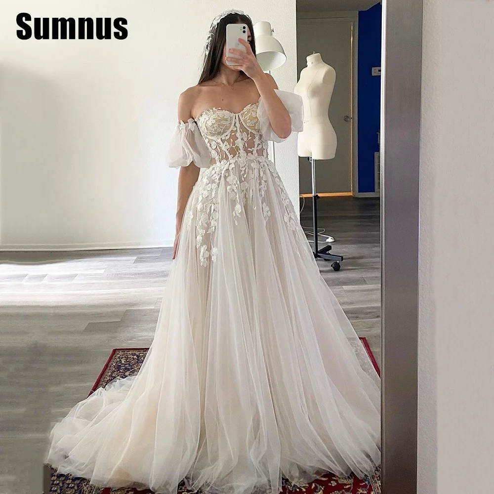 

Sumnus Short Puff Sleeves 3D Lace Wedding Dresses White Liner Tulle Appliques Formal Bridal Gowns Detachable Sleeves Bride Dress