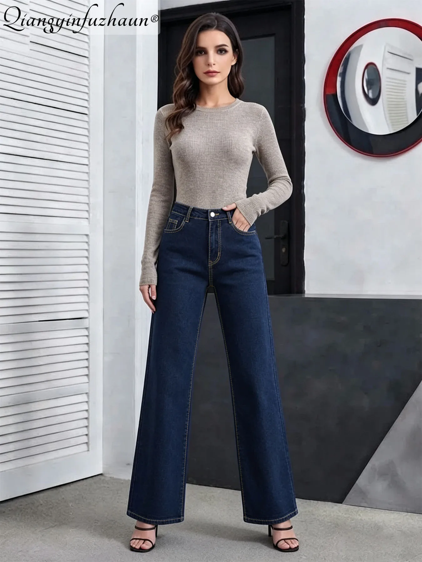 Women's mid-thigh wide-leg jeans, dark blue loose denim pants, classic straight-leg trousers, suitable for casual daily wear
