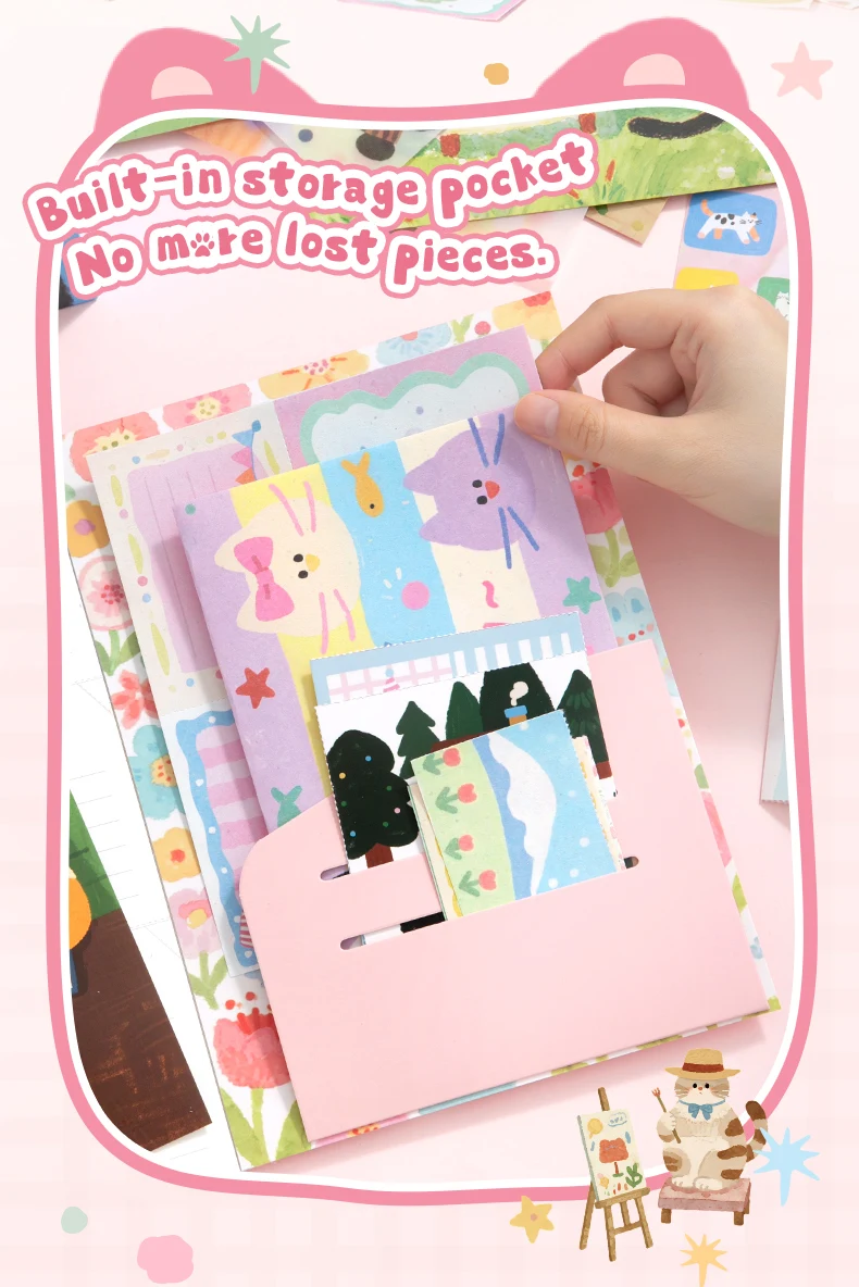 Journal GO 29 Seiten Vesper Materialbuch, dekoratives Papierblock mit mehreren Mustern, Blumenstreifen und niedlichen Kätzchen, schönes Papier für Tagebücher. – Detail 9