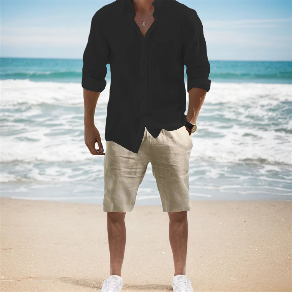 Men's Spring Summer Shirt Sets Solid Color Casual Breathable Lightweight Male Casual Suit Beach Style Hawaii Vacation Tracksuit