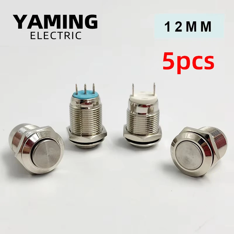 5 Peças de Interruptor de Botão Metálico de 12mm, Auto-bloqueante, à Prova d'Água, Redondo Alto/Plano, 2/3 Pinos, Latão Niquelado