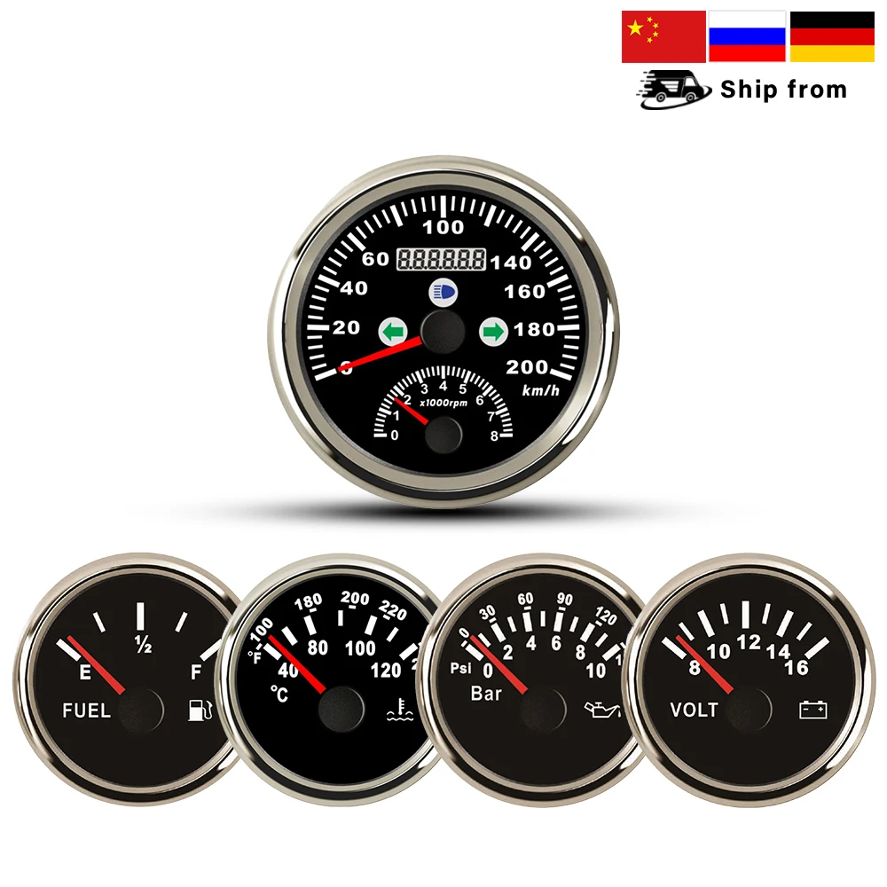 

ELING 5 Gauge Set 85mm GPS Speedometer +0-8000RPM Tachometer 52mm Water Temp 0-10Bar Oil Pressure Fuel Level Meter 12V Voltmeter