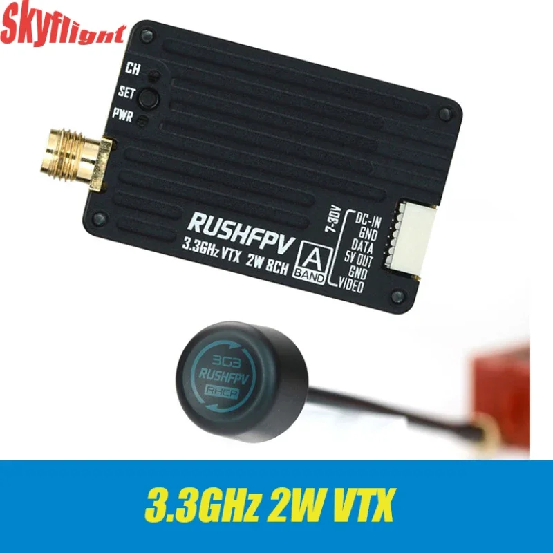 RUSHFPV 3,3 GHz 2 W VTX con antenna polarizzata circolare SMA Supporta protocollo IRC Tramp per drone RC FPV a lungo raggio