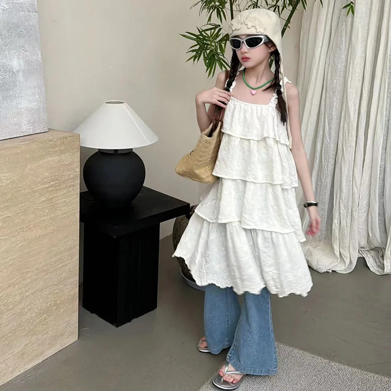 Girls Fashion Dress Summer 2024 New Fashion Children Slip Dress Big Child Cake Dress Summer Simple Casual Skirt Clothes