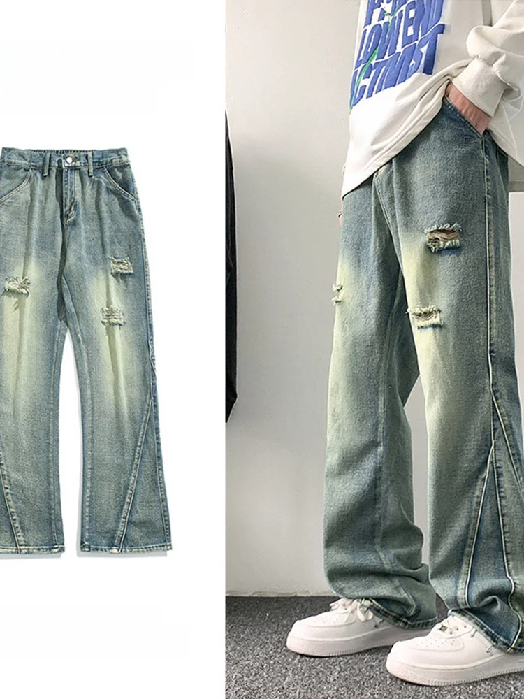 

Мужские рваные джинсы 2024: Новинка в американском уличном стиле, слегка расклешенные брюки, крутые прямые штаны, модные повседневные.