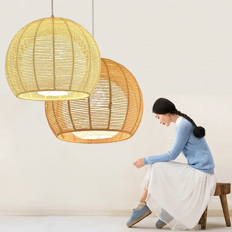 for Japanese Style Creative Hemp Rope Chandelier Simple Round Single Head Lamp Solid Wood for Bedroom Living Room Balcony