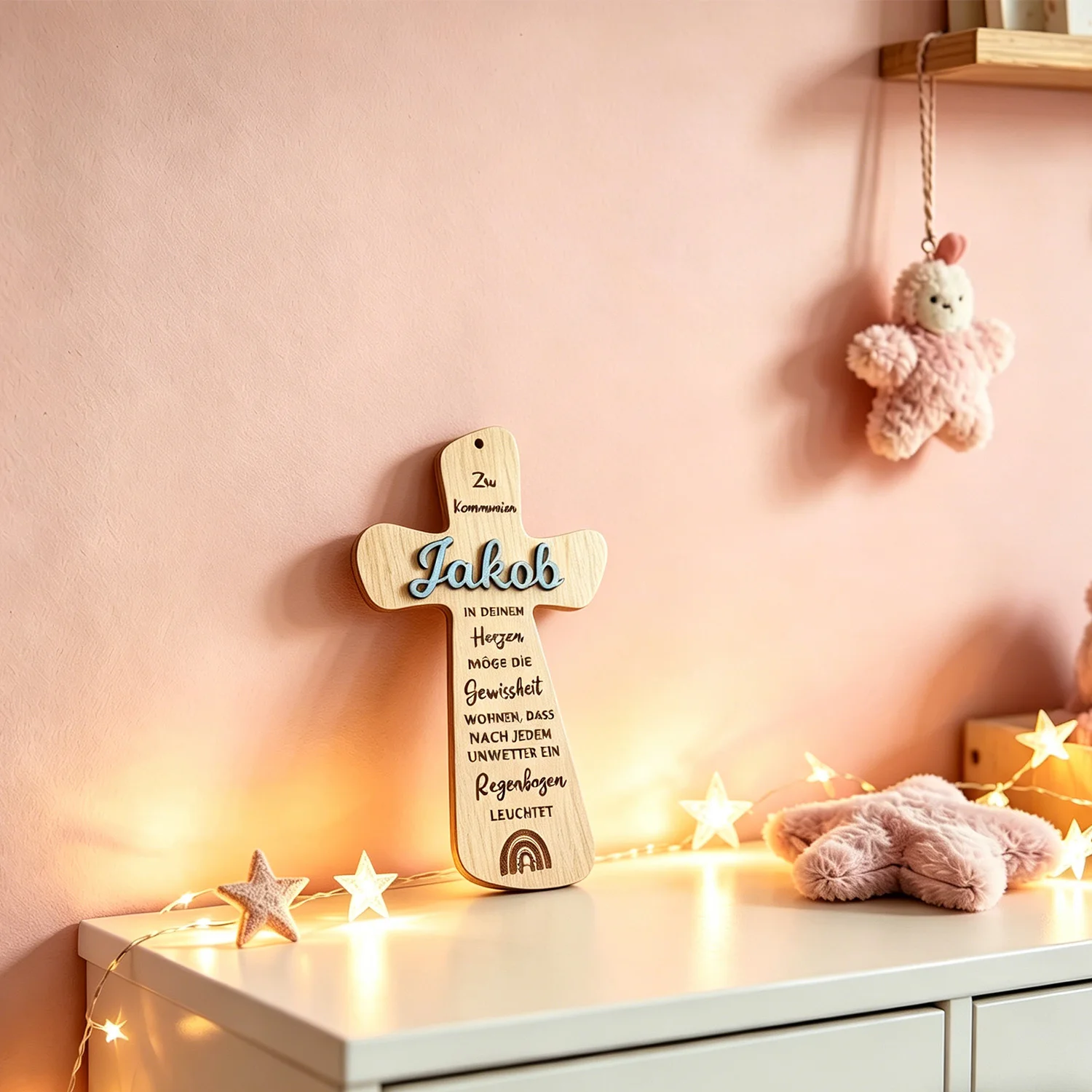 placa-de-nome-em-madeira-personalizada-em-forma-de-cruz-com-texto-gravado-e-padrao-arco-Iris-decoracao-religiosa-para-parede
