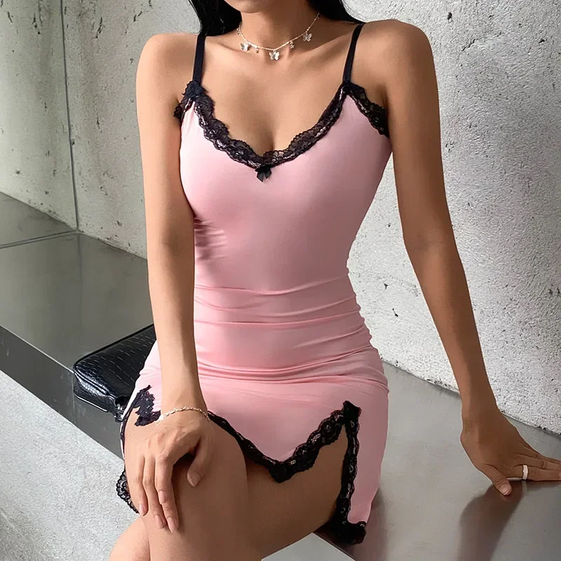

V-neck Pink Thin Split Lace Dress Sexy Skinny Hip Strap Mini Party Dress Sexy Women Harajuku Vintage Tops Y2k Goth Vestidos 원피스