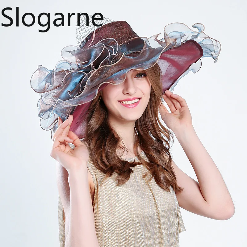 Elegant Flowers Organza Sunhats Women Silk Wide Brim Wedding Party Hat Ruffles Sunscreen French Outdoor Vintage Hat Fedoras Caps