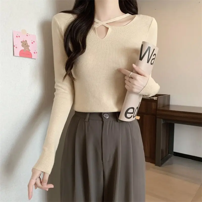 

Cross V-neck Sweater Women with Spring Autumn New Design Solid Color Long-sleeved Base Thin