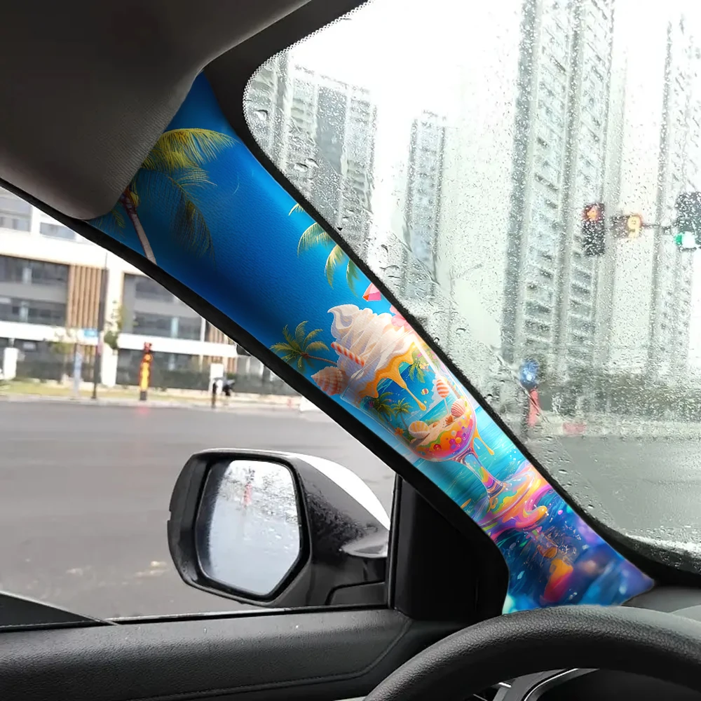 Car Interior A-pillar Sticker 'Beach and Ice Cream' Pattern Fabric Material with Adhesive Backing, Suitable for All Car Models
