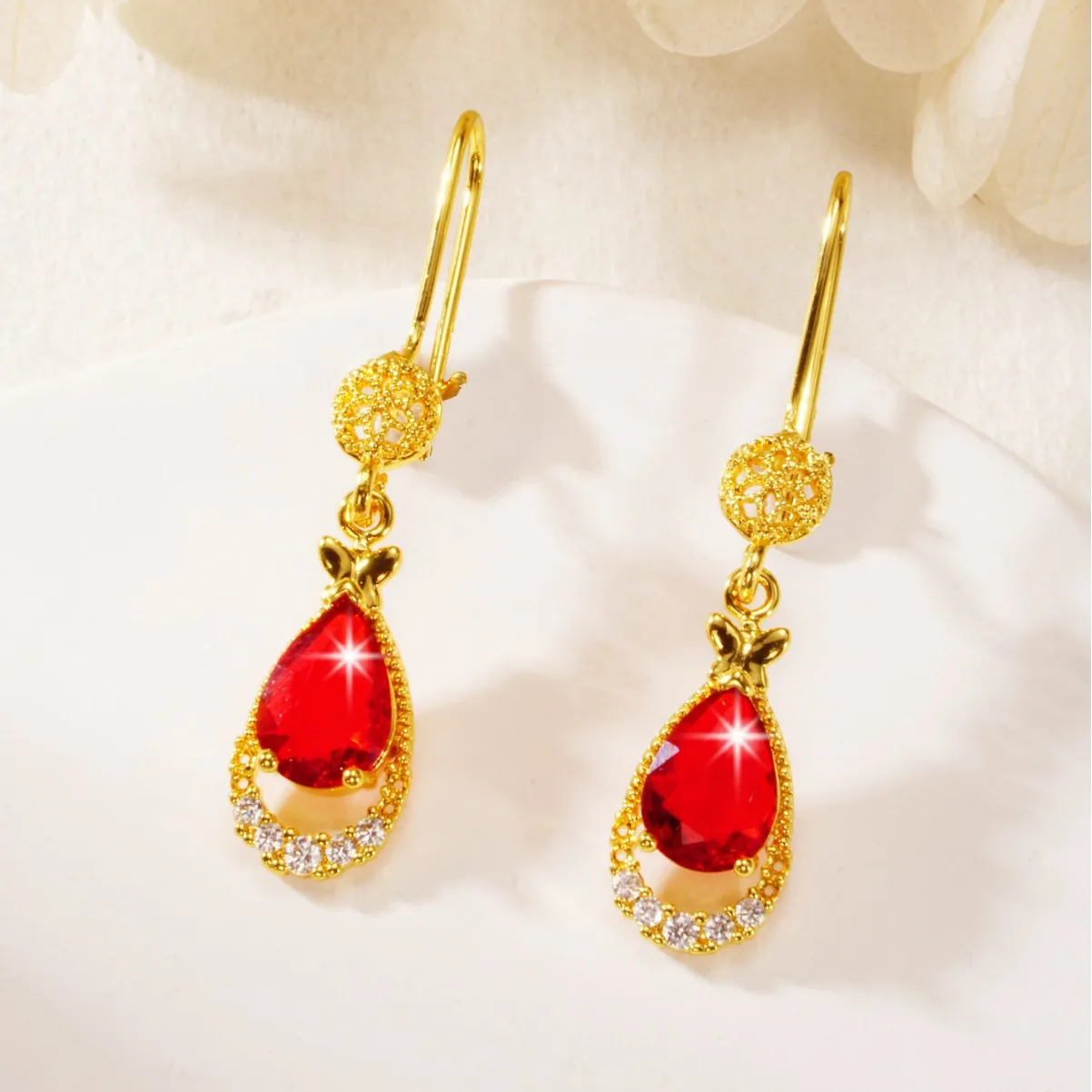 9999 gold luxury micro-set zirconia teardrop earrings for women, double-set gemstone stud earrings, golden jewelry wholesale