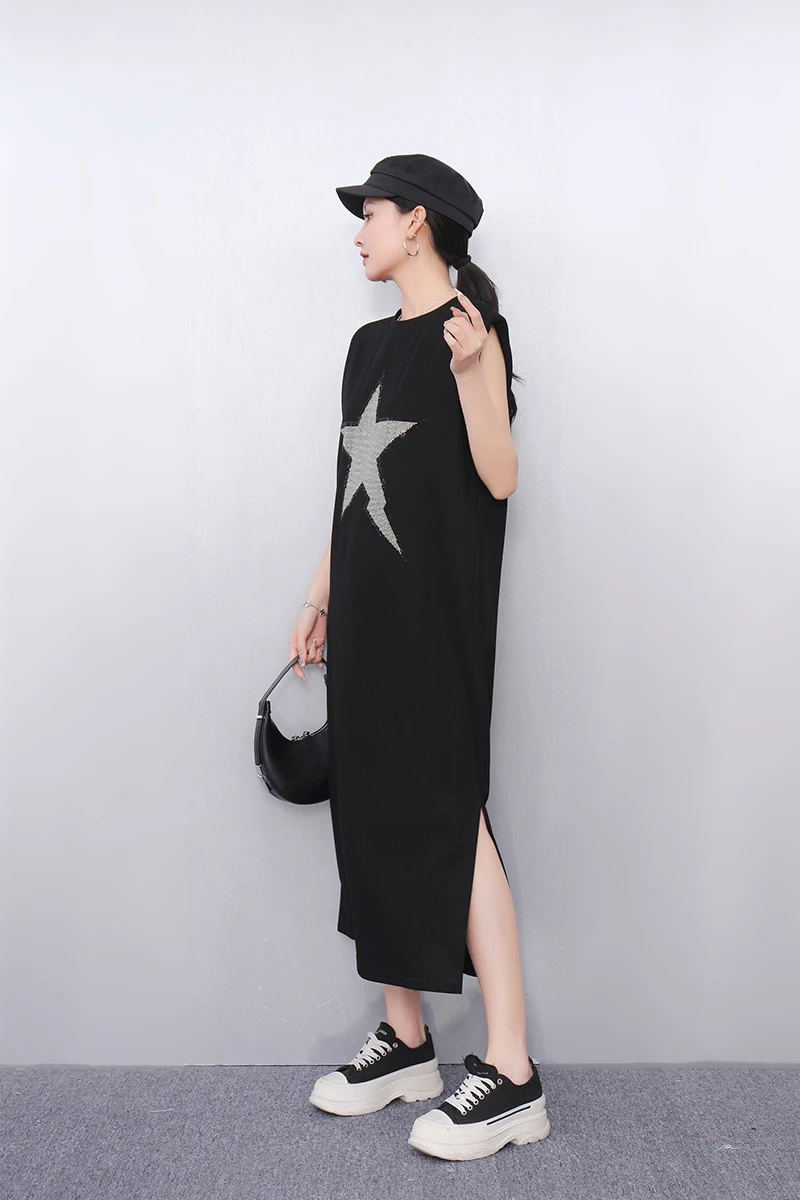 2025 ฤดูใบไม้ผลิฤดูร้อนแฟชั่นElegantพิมพ์หลวมยาวเสื้อยืดผู้หญิงแขนกุดสุภาพสตรีJ1078