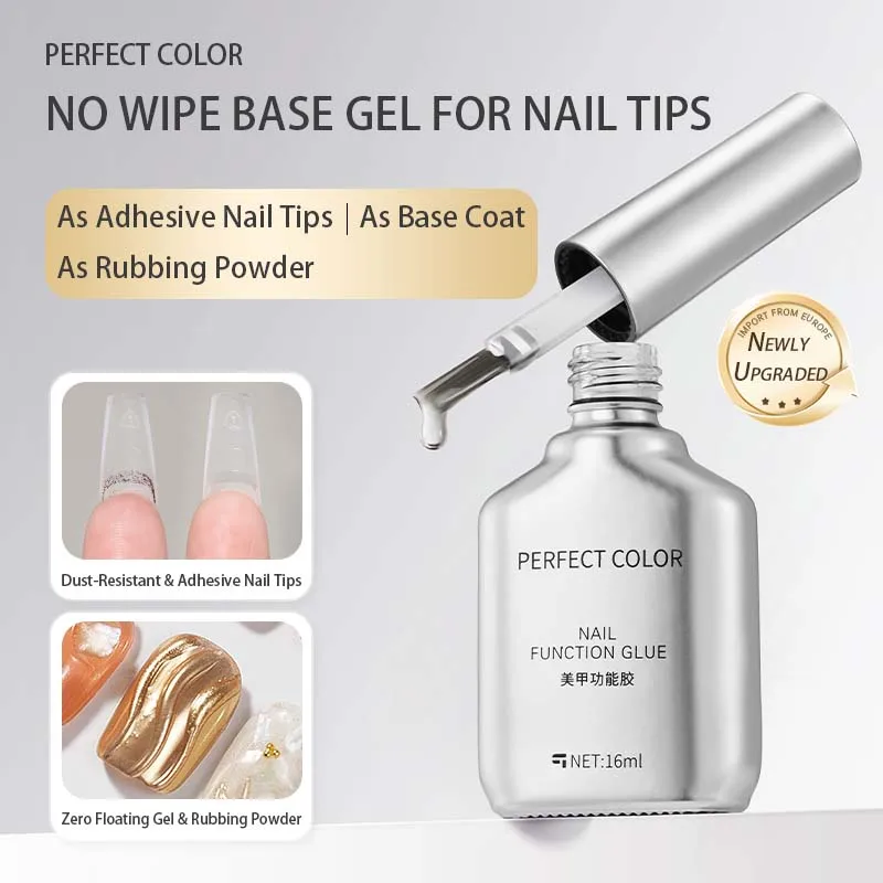 Esmalte de base de cor perfeita 16ml 3 em 1, revestimento de base de gel, cola para pontas de unhas e pó cromado para esfregar