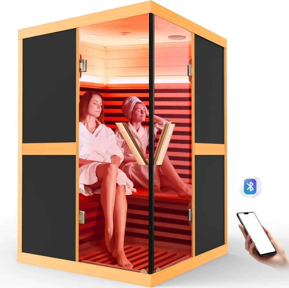 Double V far Infrared Sauna APP Control, 1980W 10 Low EMF Heating Plate, Hemlock Wood Indoor Home spa Room, The Temperature