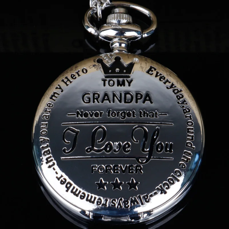 ساعة جيب رجالية فضية عتيقة مع نقش على شكل قلب "إلى الجد" وقلادة وإكسسوارات على مدار الساعة أفضل تذكار