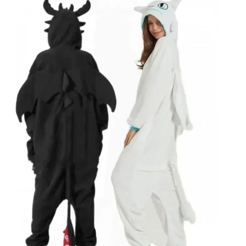 Pijama Animal joint en flanelle, desenho animado, Dragão blanc, épais, vêtements de maison, ponto, Traje de Cosplay para adulto