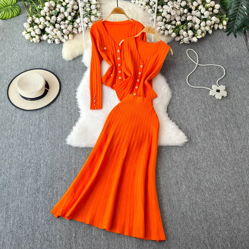 Women Three-Piece Sets Vintage Sleeveless Vest Knit Cardigan Top High Waist Mermaid Skirt Korean High Street Winter Clothing