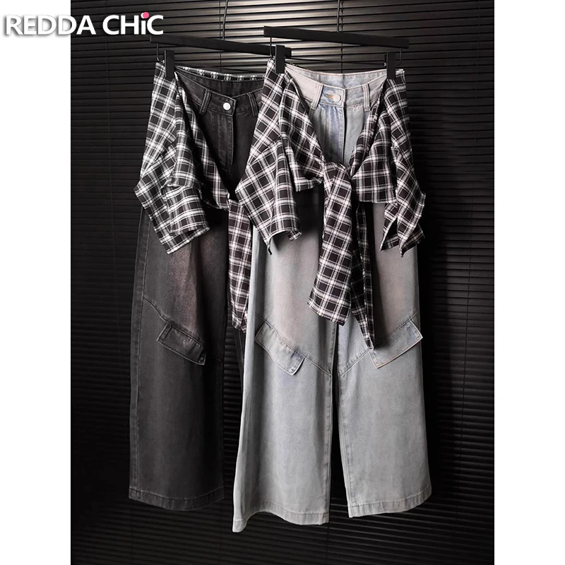 

ReddaChic съемная клетчатая рубашка со вставкой, женские мешковатые джинсы, потертые широкие брюки с высокой талией, уличная одежда в стиле хип-хоп для высоких девочек