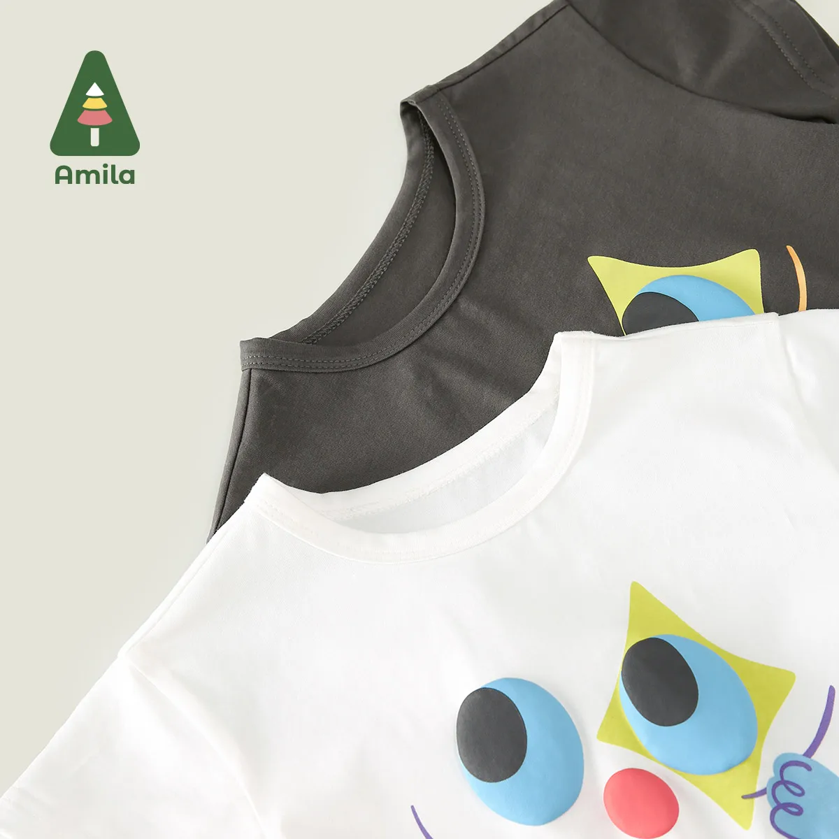 Amila 2024 Summer New Children\'s Short-Sleeved Boys and Girls Cartoon Printed Stylish Breathable Skin-Friendly Cotton Top