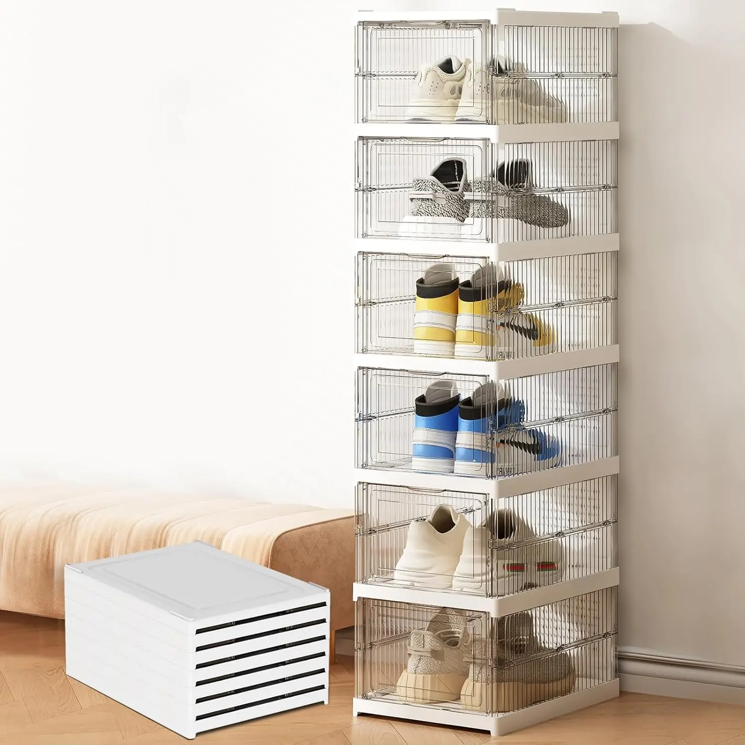 

Stackable Shoe Storage Box with Transparent Door, Easy Assembly, Large Capacity for Closet