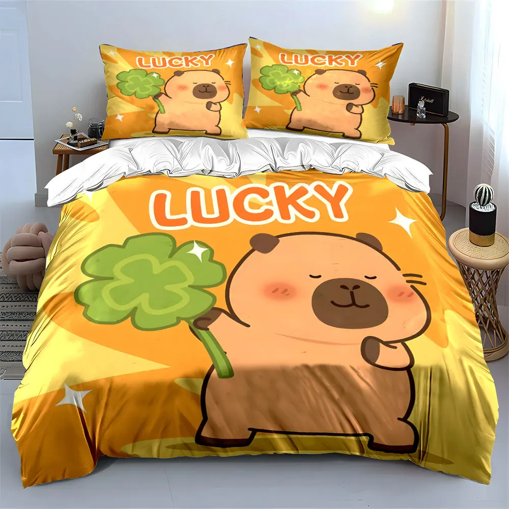 Lucky Capybara with clover cartoon Print Soft Comfortable Duvet Cover Bedding Set Included 1*Duvet Cover  2*Pillowcases
