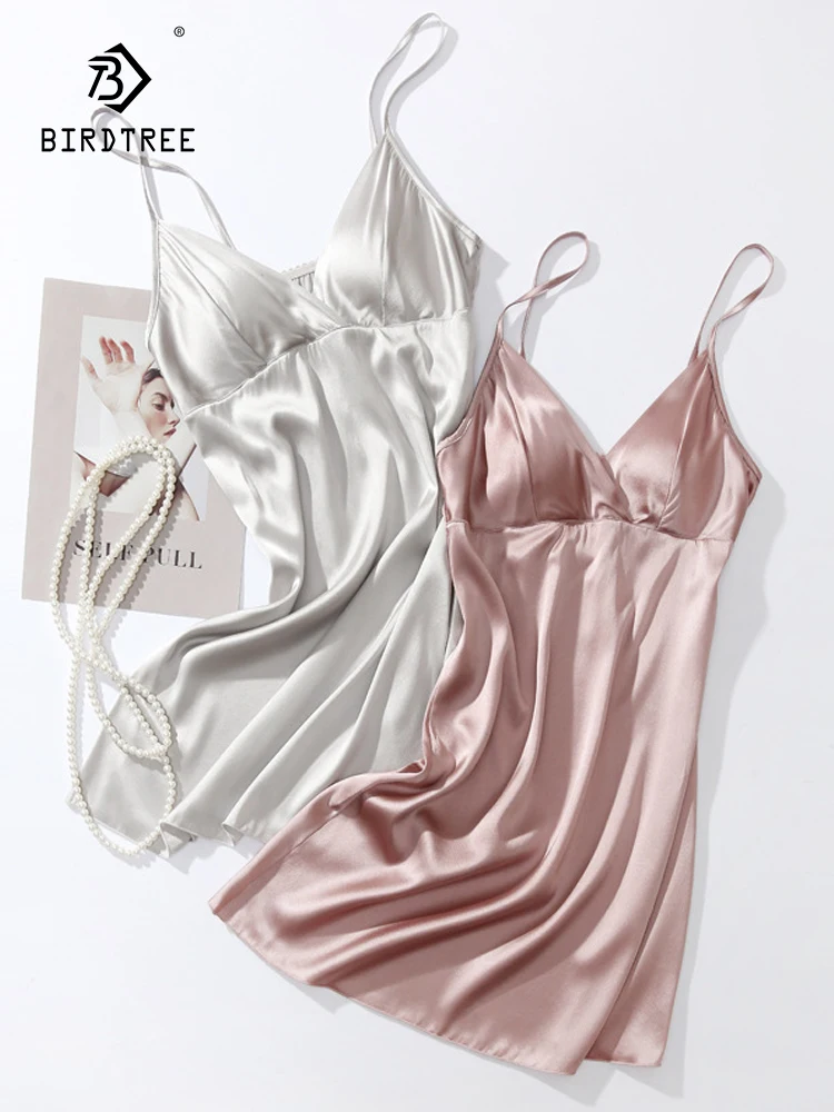 

Birdtree 93%Real Silk 7% Spandex New Satin Sling Sleeping Dress Women's Sexy Strap Chest Cushion Sling Dress Summer New P3N010QC