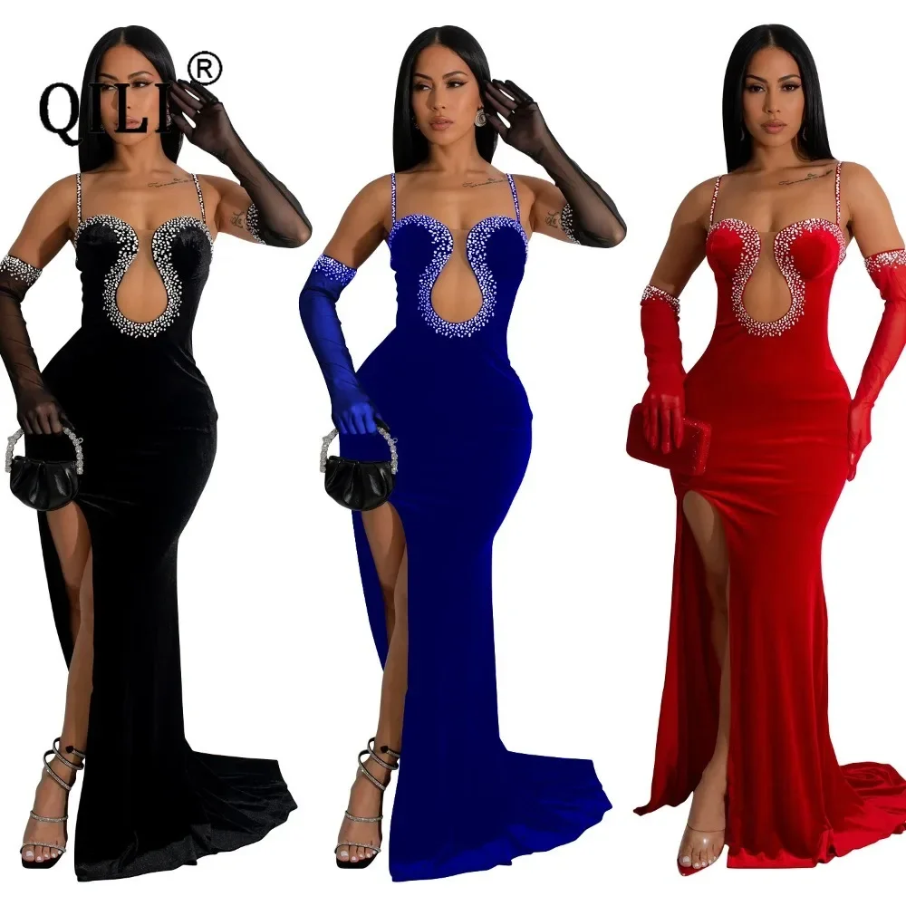 

QILI-Sexy Rhinestone Long Dress with Glove for Women, High Split, See Through Mesh, Party Nightclub, Red