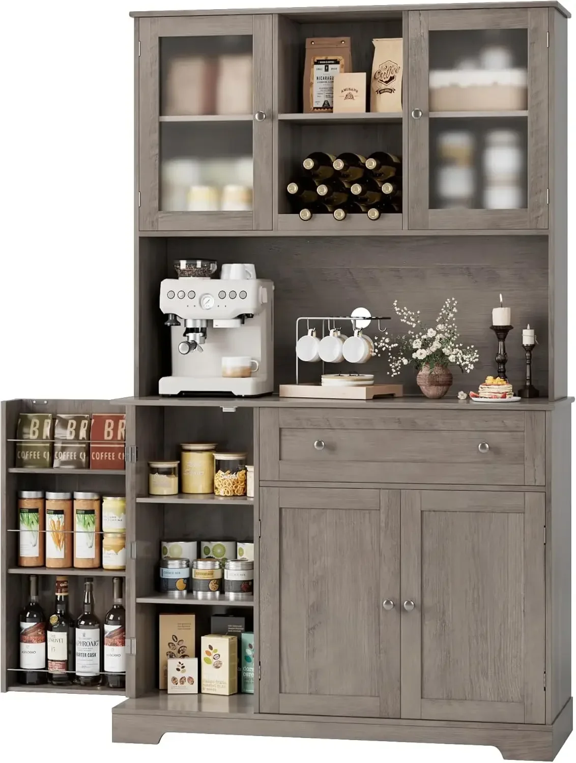 Gabinete de almacenamiento de despensa de cocina, gabinete de buffet con aparador, gabinete de despensa de alimentos con puertas y estantes para comedor, gris ceniza