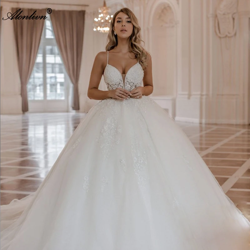 Alonlivn Silky Tulle Sweetheart A-Line Wedding Gowns Sleeveless Beading Pearls Appliques Lace Spaghetti Straps Wedding Dress